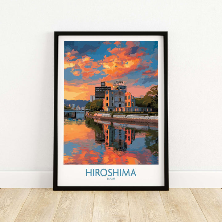 Hiroshima Japan print showcasing a sunset cityscape with vibrant colors reflecting on water.