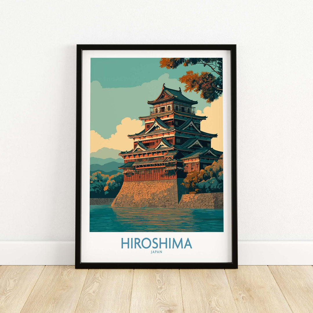 Framed wall art of Hiroshima, Japan, featuring traditional architecture and serene landscape, perfect for decor.