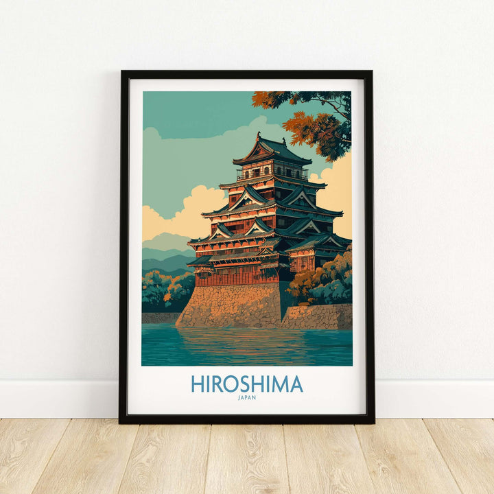 Framed wall art of Hiroshima, Japan, featuring traditional architecture and serene landscape, perfect for decor.