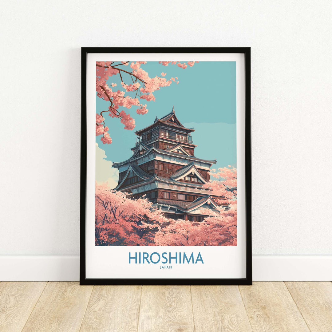 Hiroshima cherry blossom wall art print featuring a traditional Japanese castle and vibrant pink blooms.