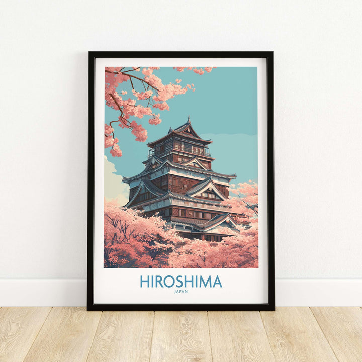 Hiroshima cherry blossom wall art print featuring a traditional Japanese castle and vibrant pink blooms.