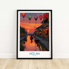 Hoi An Wall Art Vietnam - River Boats Poster featuring vibrant lanterns and a serene sunset over river life.