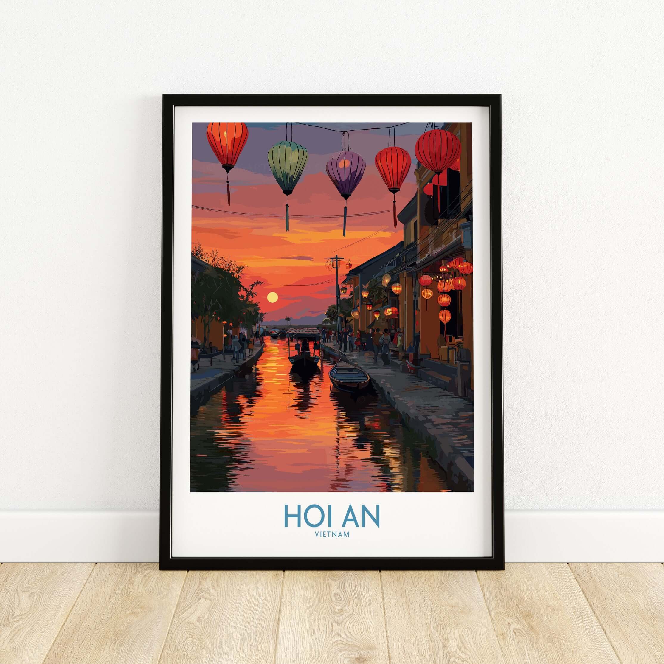 Hoi An Wall Art Vietnam - River Boats Poster featuring vibrant lanterns and a serene sunset over river life.