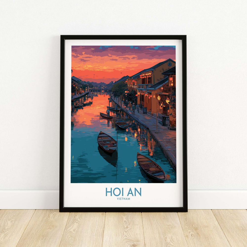 Hoi An Print Vietnam Colorful Lantern Poster featuring vibrant sunset and glowing lanterns by the river.