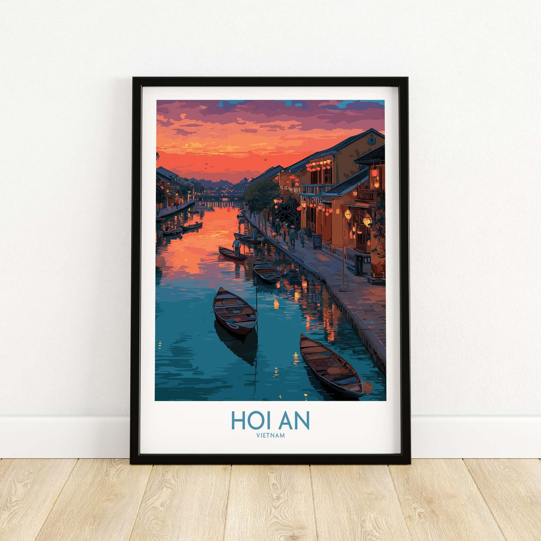 Hoi An Print Vietnam Colorful Lantern Poster featuring vibrant sunset and glowing lanterns by the river.
