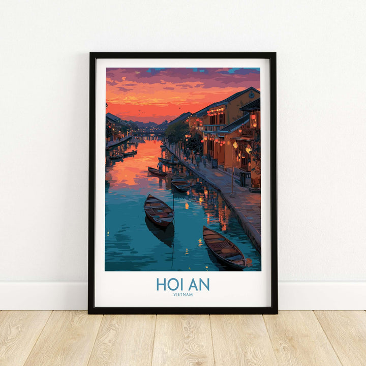 Hoi An Print Vietnam Colorful Lantern Poster featuring vibrant sunset and glowing lanterns by the river.