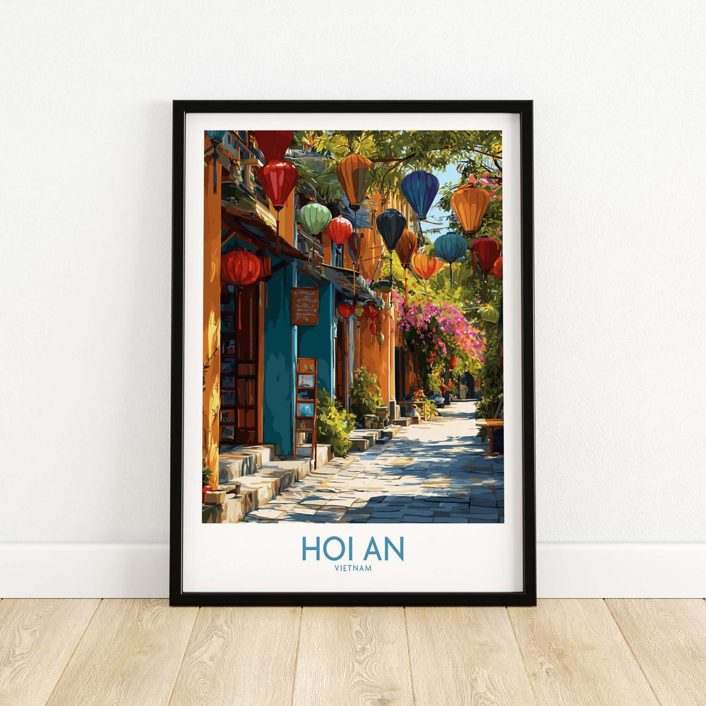 Hoi An Vietnam wall art print featuring colorful lanterns and vibrant streets, perfect for home decor.