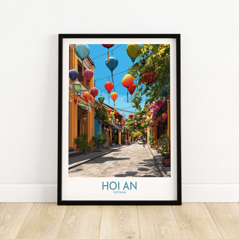 Colorful Hoi An lanterns hanging over a street in Vietnam, showcasing traditional culture and artistic decor.