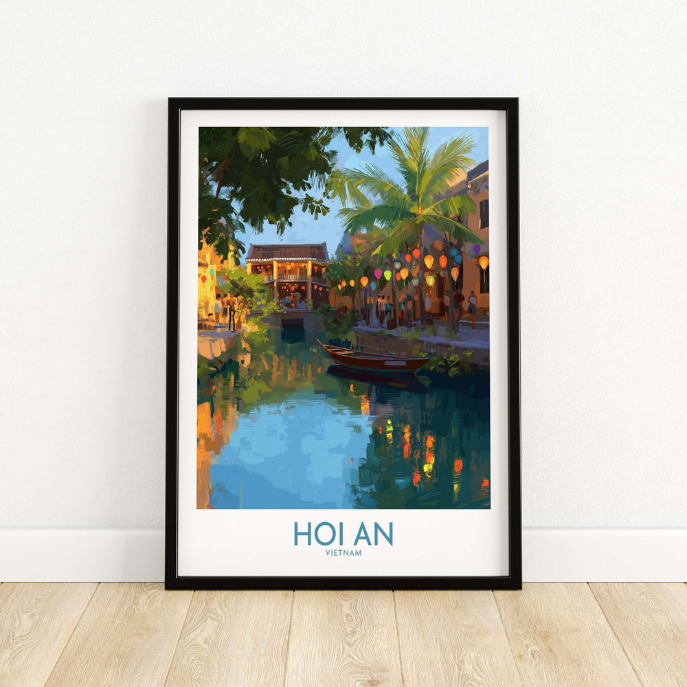 Hoi An Vietnam wall art depicting a serene evening river scene with lanterns and palm trees.
