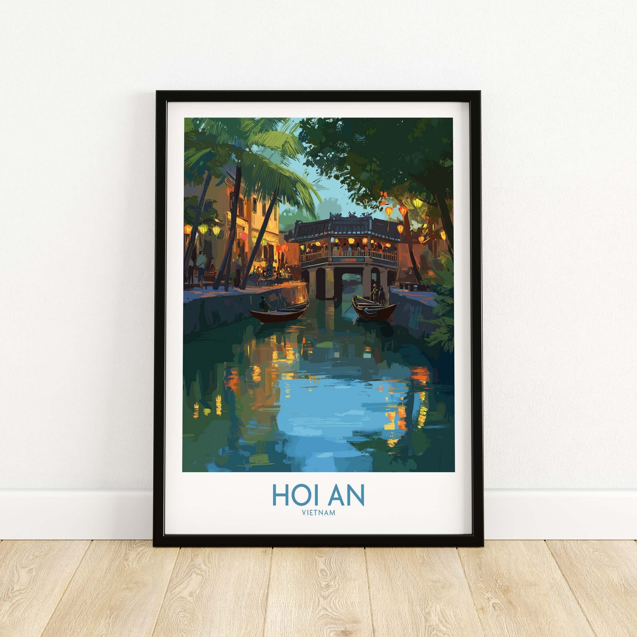 Hoi An Vietnam River Scene Wall Art - Vietnamese Heritage Decor on display with lush greenery and tranquil water reflections.