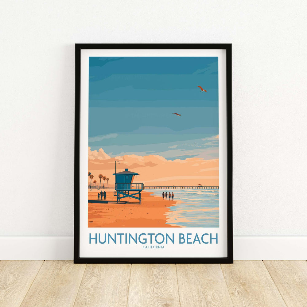Vibrant Huntington Beach surfing poster showcasing lifeguard tower and coastal scenery for California travel decor.