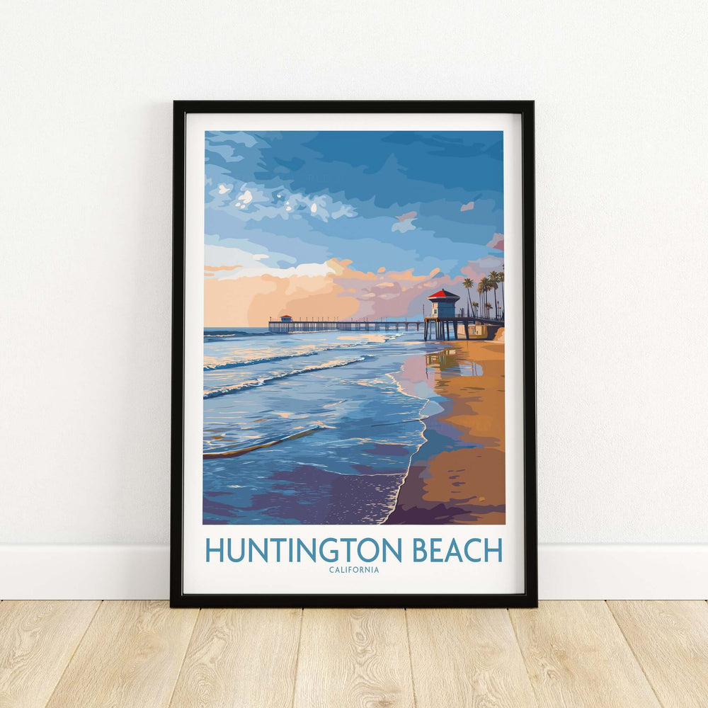 Huntington City Beach poster showcasing the ocean, pier, and sunset in vibrant colors, ideal for surf lovers.