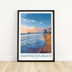 Huntington City Beach Orange County Poster - Surfing City Wall Art depicting vibrant beach and pier in California.