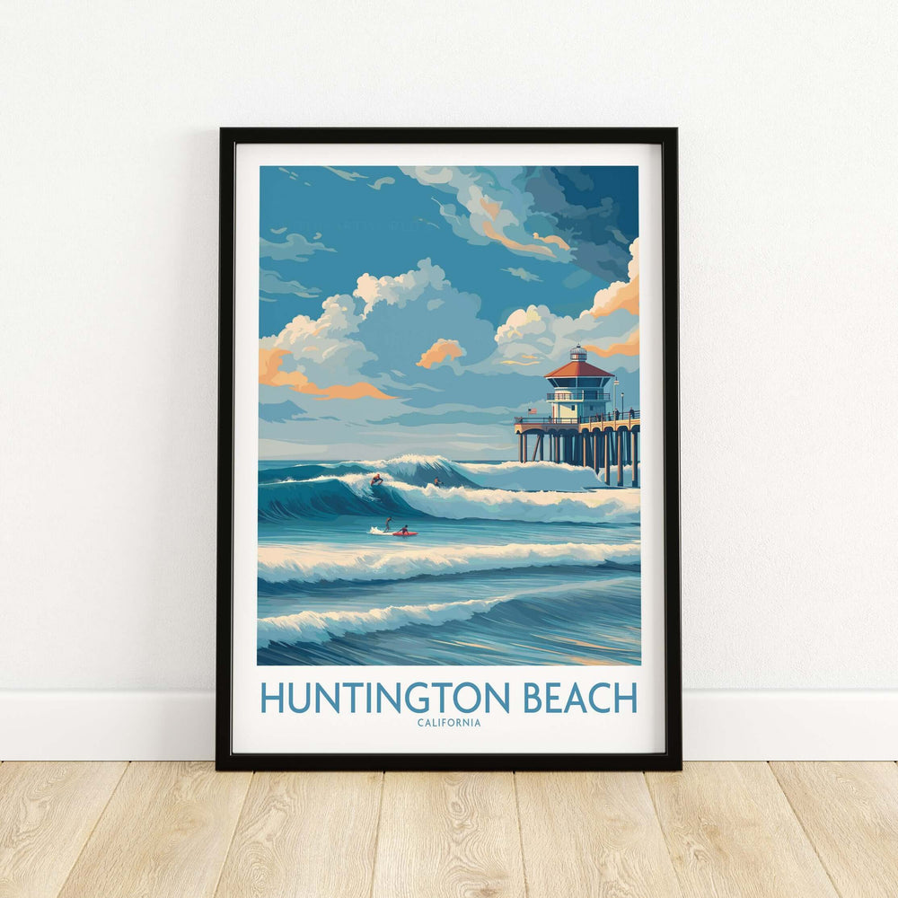 Huntington Beach California surfing poster featuring vibrant waves and coastline with a pier.