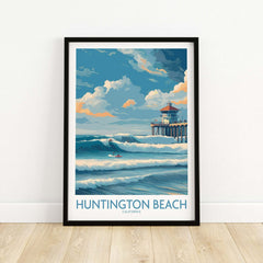 Huntington Beach California Surfing Poster - California Beach Print showcasing vibrant waves and pier.