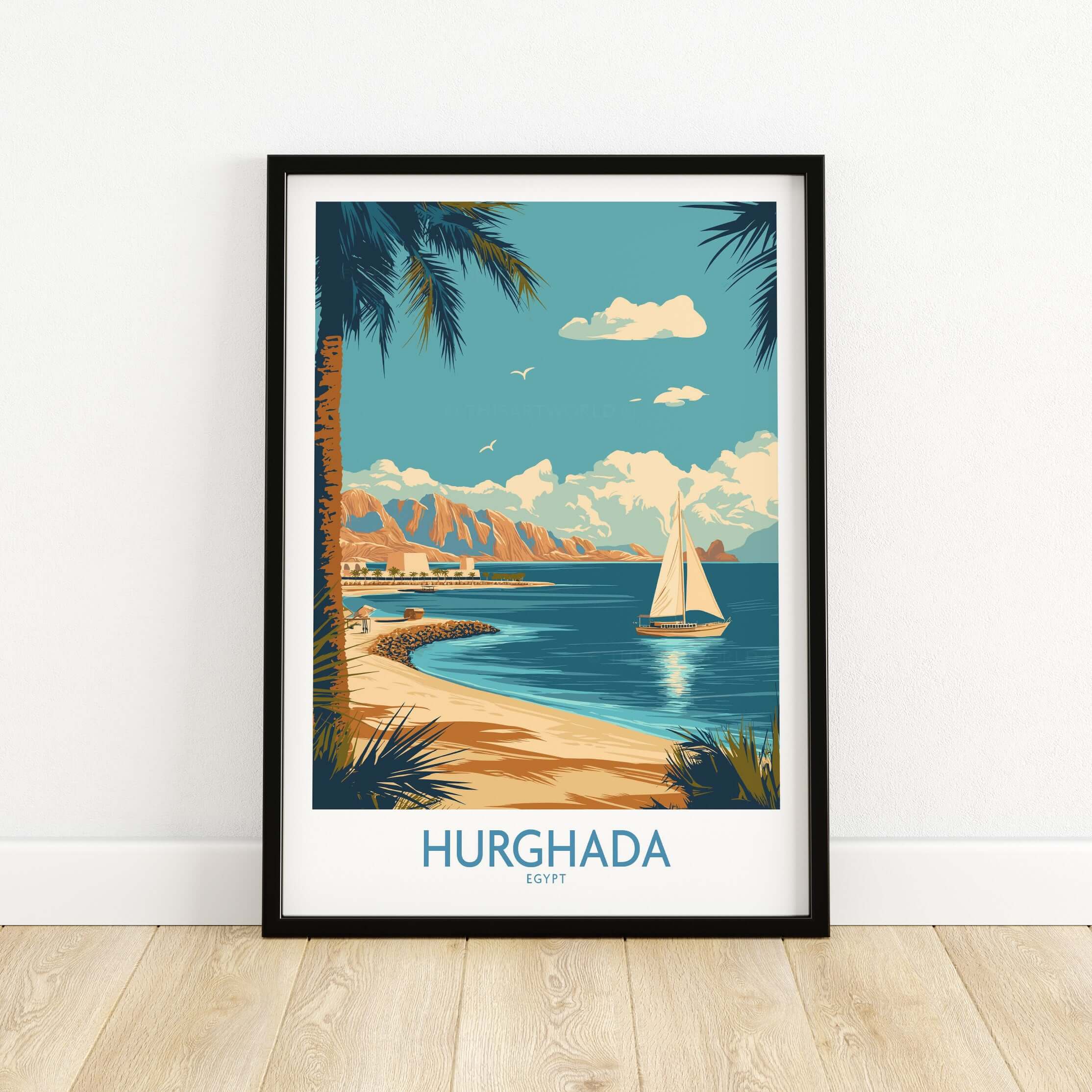 Hurghada Egypt Poster - Egyptian Coastal Decor showcasing a beautiful beach and sailboat with palm trees.