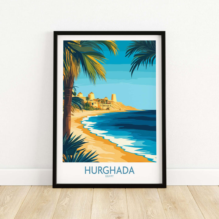 Vibrant Hurghada wall art print featuring coastal scenes and palm trees, showcasing Egyptian paradise decor.
