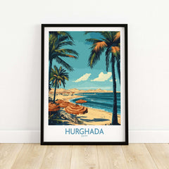 Hurghada Poster Egypt - Egyptian Resort Decor featuring a tropical beach scene with palm trees and clear water.