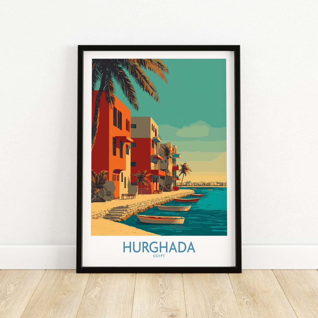 Framed Hurghada Egypt wall art print showcasing coastal scenery and boats on the Red Sea.