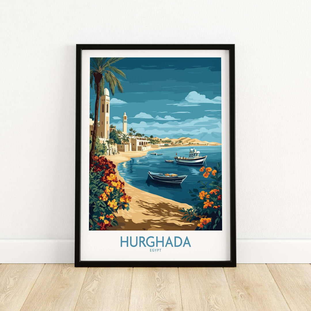 Colorful Hurghada poster showcasing Egypt's coastline, boats, and vibrant flowers, ideal for beach lovers and decor.