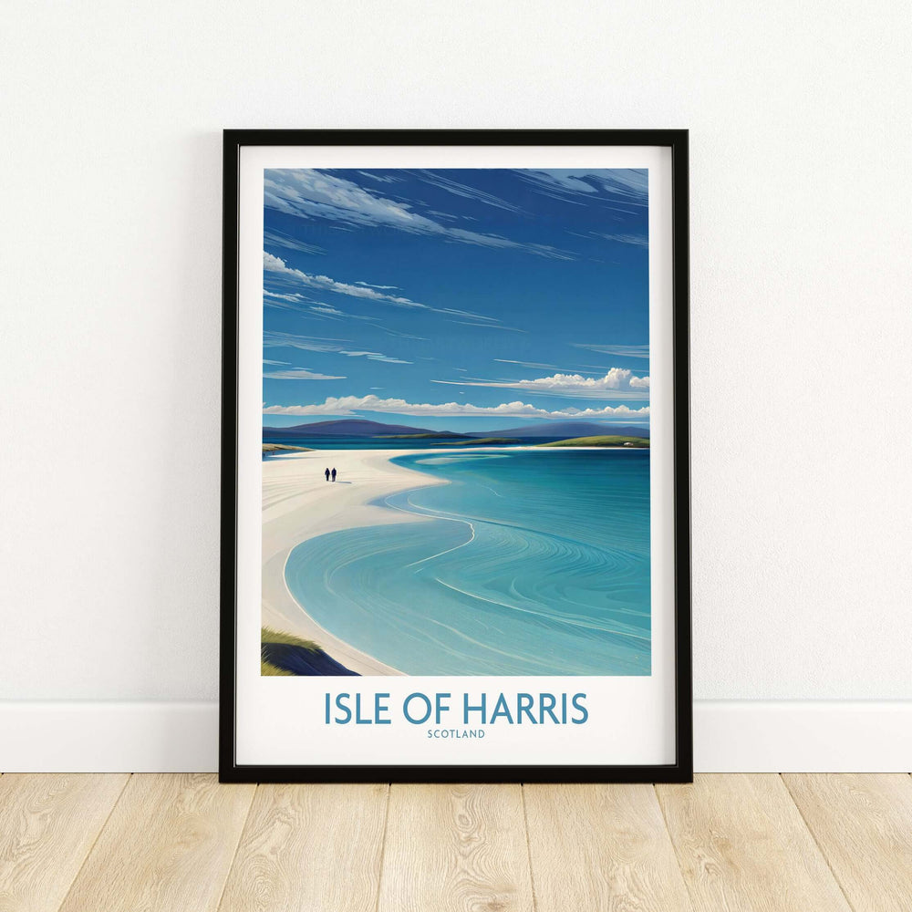 Isle of Harris poster showcasing stunning blue waters and sandy beaches in Scotland's Outer Hebrides.