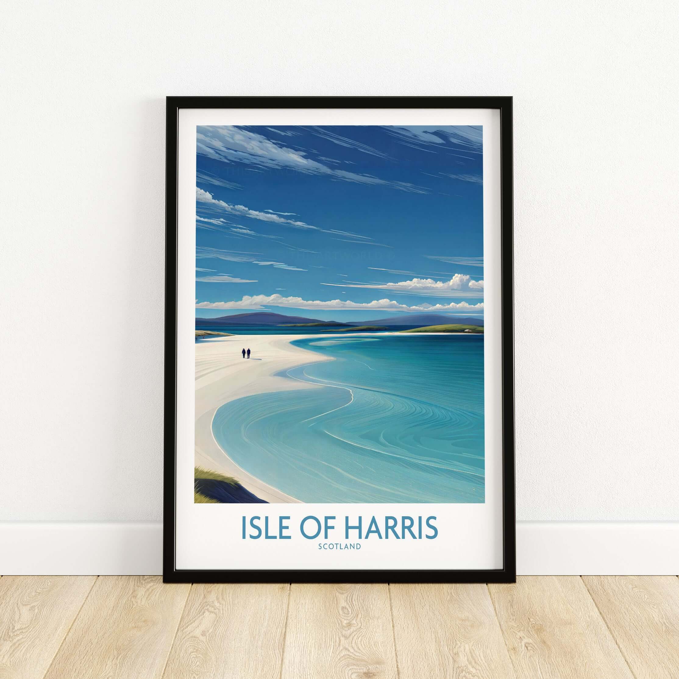 Isle of Harris Poster Scotland - Outer Hebrides Travel Print depicting a scenic beach with blue waters and clouds.