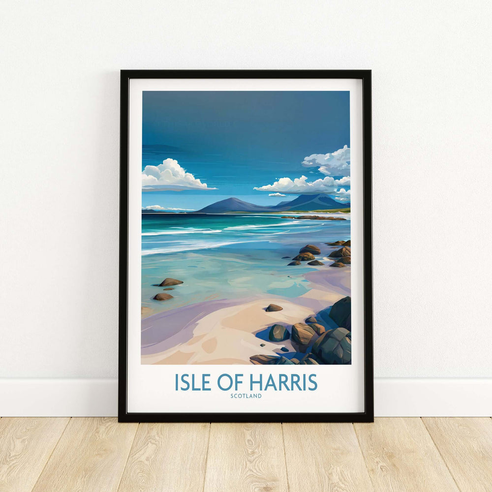 Isle of Harris poster showcasing clear waters and seascape, perfect for Scottish decor.