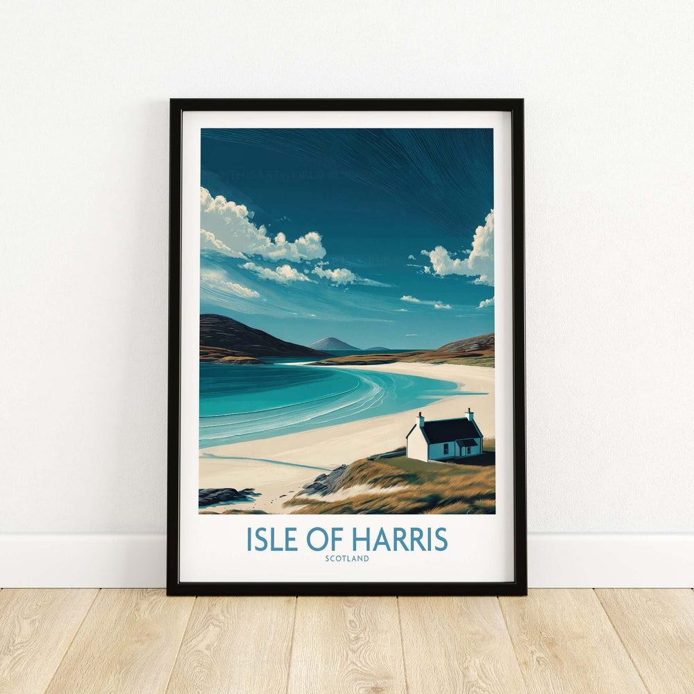 Isle of Harris wall art featuring an isolated cottage by white sandy shores in Scotland.