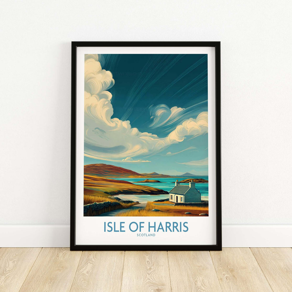 Isle of Harris poster featuring dramatic sky and seascape in Scotland, perfect for travel decor.