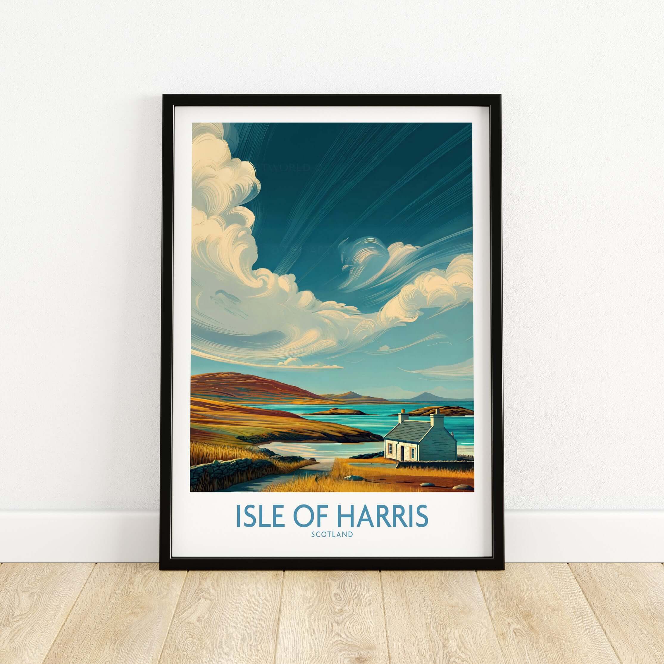 Isle of Harris Poster Scotland Dramatic Sky Seascape - Scottish Island Travel Decor showcasing a scenic landscape with vibrant colors.