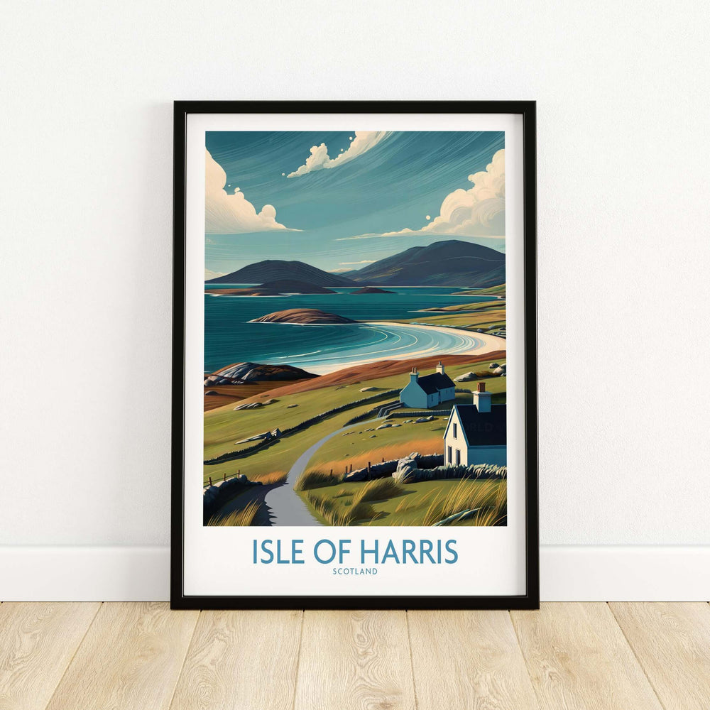 Isle of Harris Scotland landscape poster featuring serene coastal views and rugged hills, ideal for nature lovers.