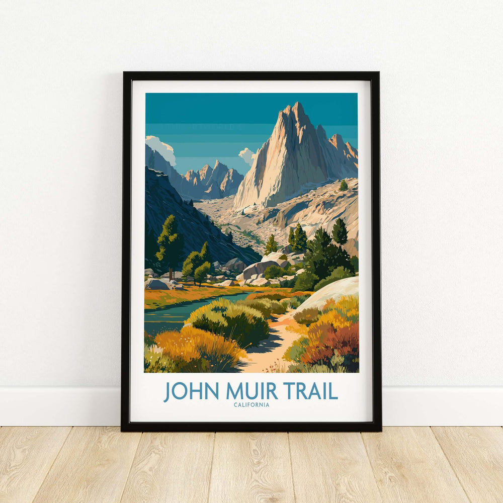 Framed John Muir Trail poster featuring Alpine Valley landscape and majestic mountains in Yosemite National Park.