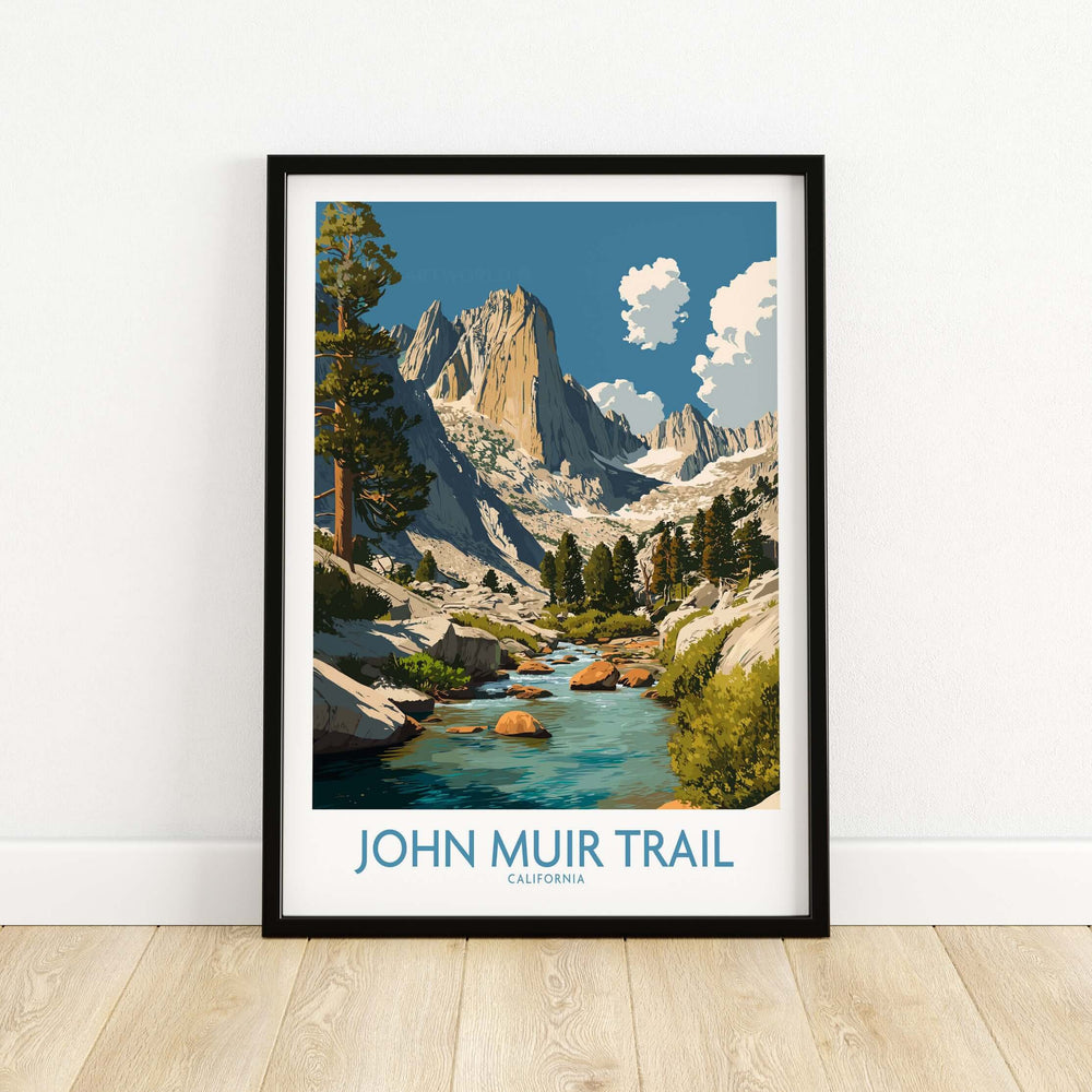 Framed poster of John Muir Trail showcasing a mountain river and rugged landscape of California's iconic hiking trail.