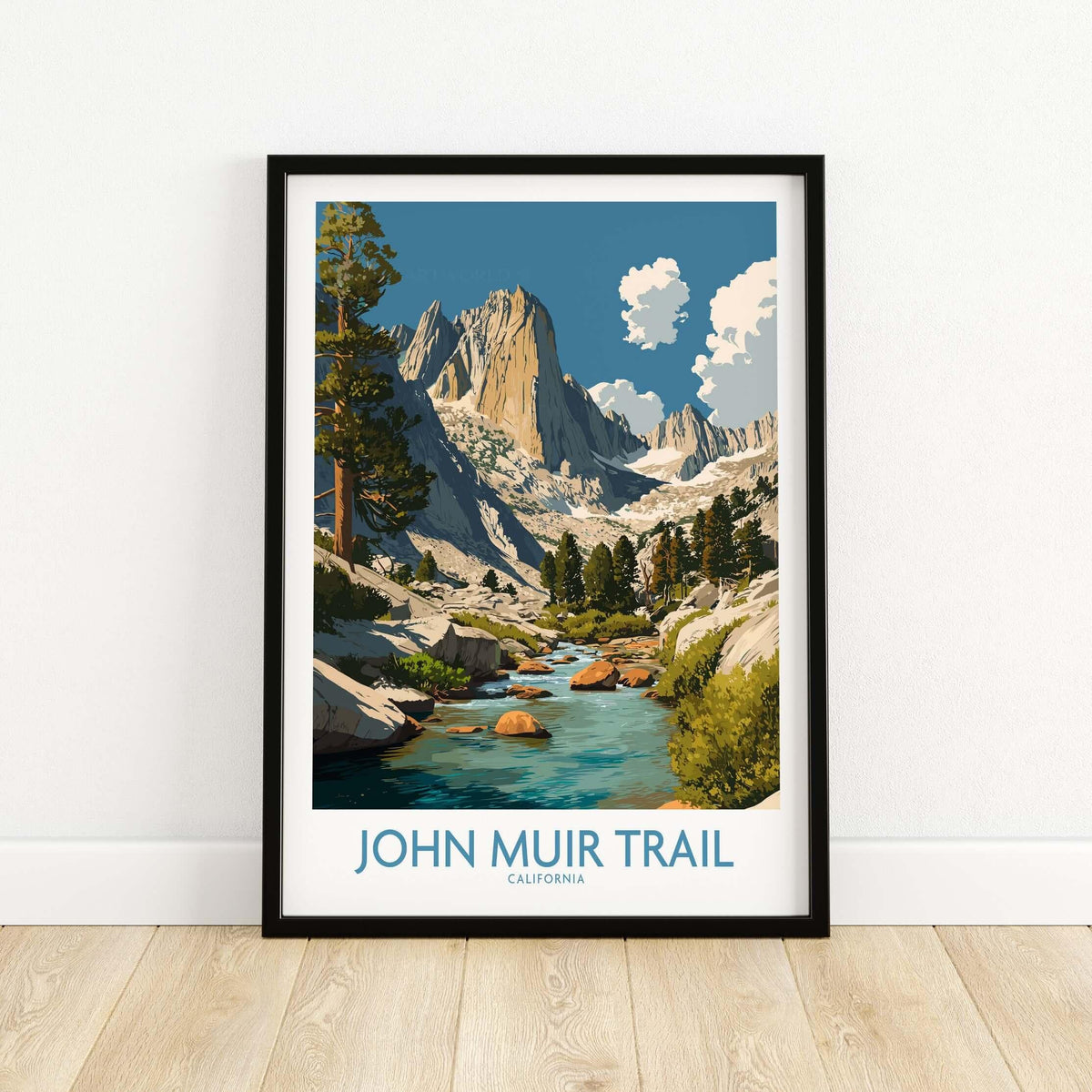 John Muir Trail California Mountain River Poster - California Hiking Trail Print featuring a scenic mountain river landscape.