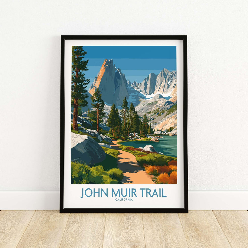 John Muir Trail wall art print featuring serene lake and mountains in Sierra Nevada, California.