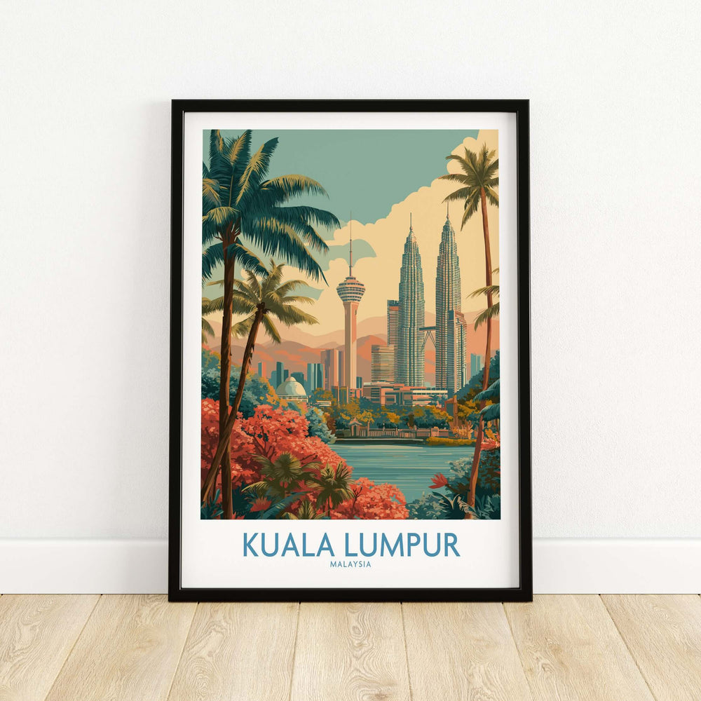 Kuala Lumpur poster featuring the city's skyline with iconic towers and palm trees in a vibrant urban setting.