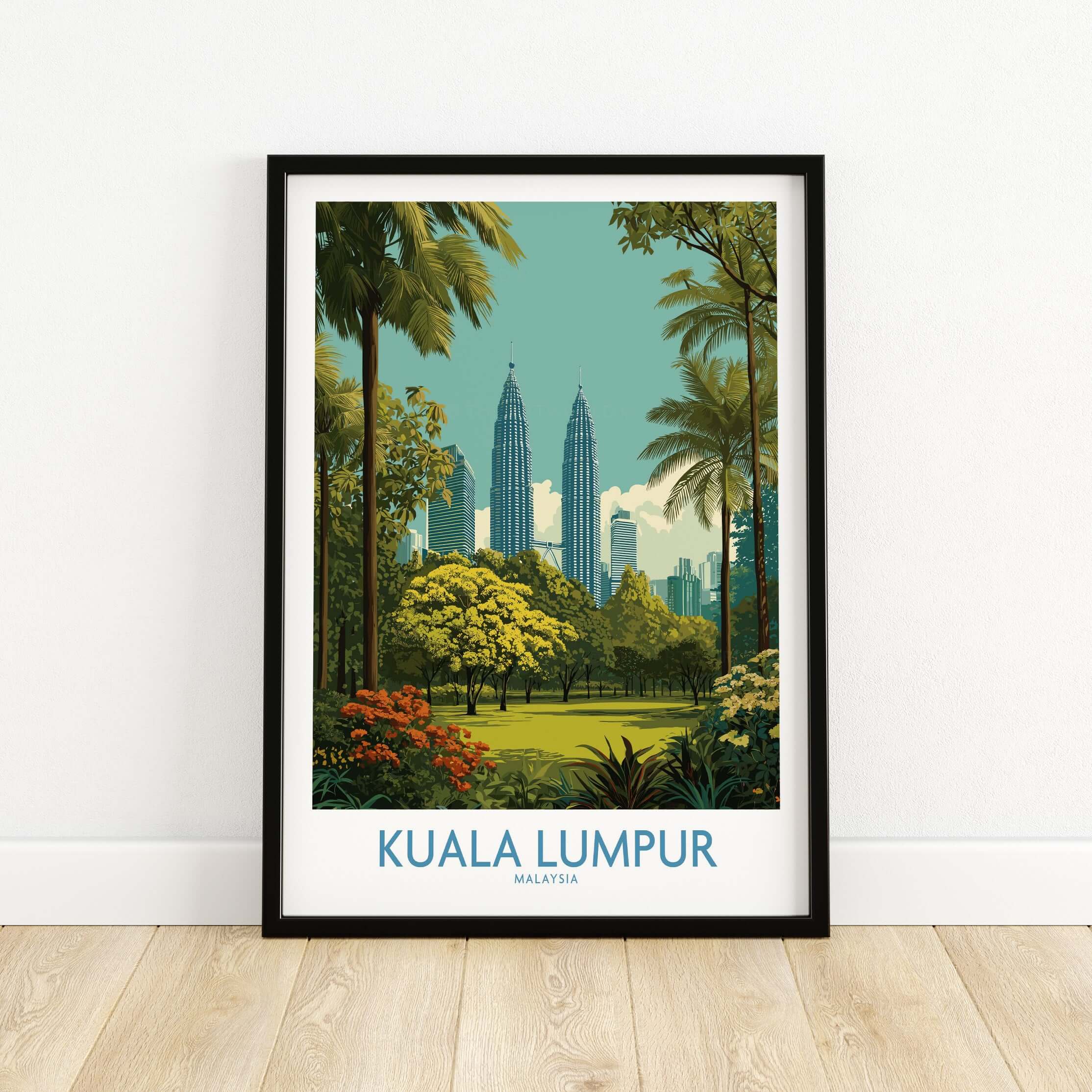 Kuala Lumpur Malaysia Skyline Poster - Malaysian Capital Wall Art featuring iconic towers and lush greenery.