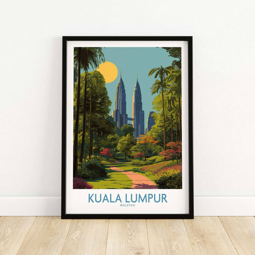Kuala Lumpur Malaysia print featuring urban skyline and lush greenery in a vibrant travel poster design.