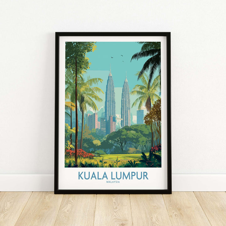 Kuala Lumpur skyline poster with lush greenery and modern architecture, showcasing the city's vibrant urban landscape.