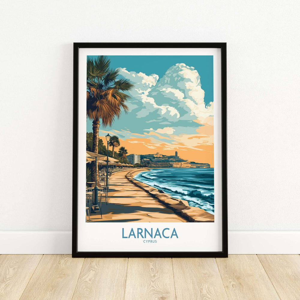 Larnaca poster featuring a palm tree and coastal sunset, perfect for Cyprus travel enthusiasts.