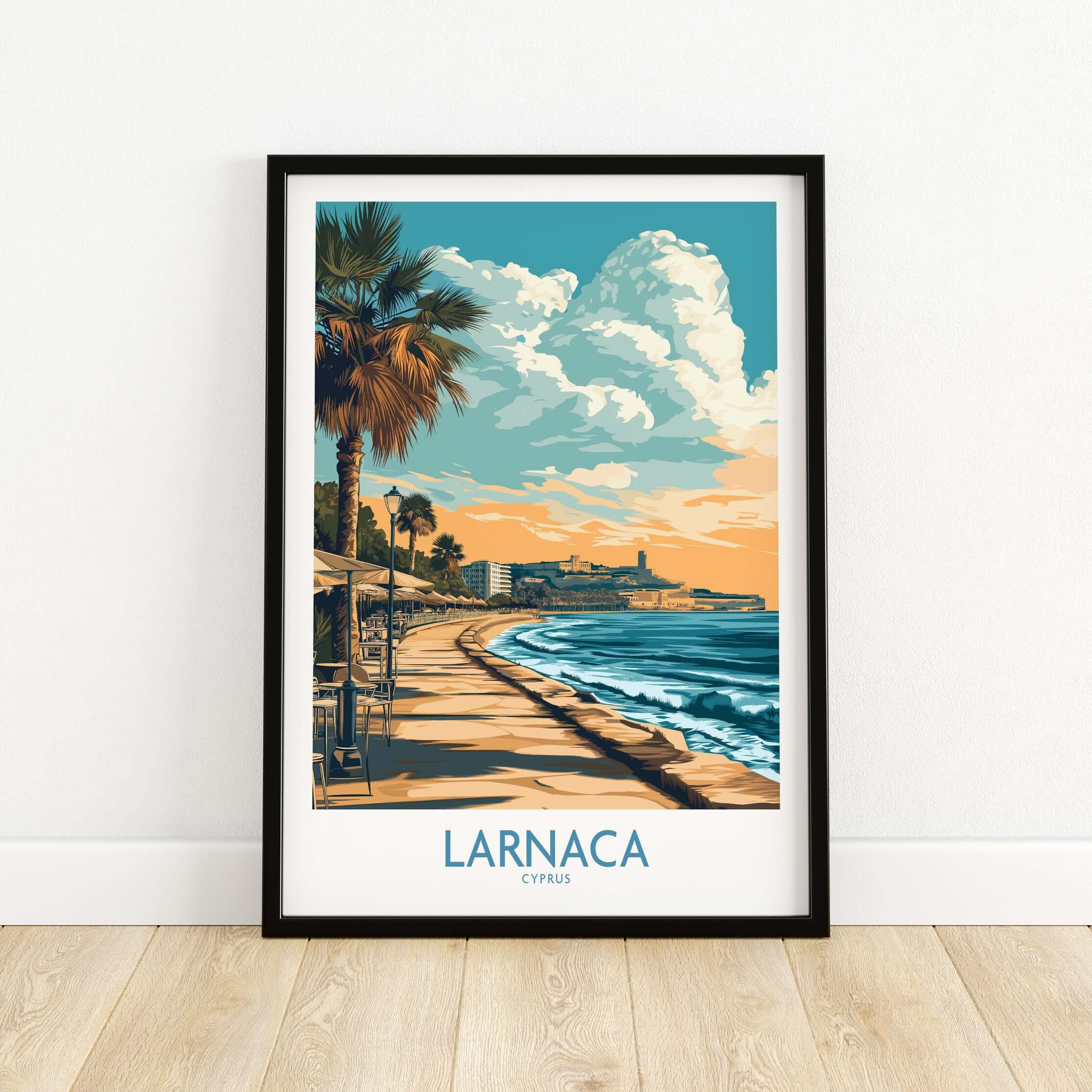 Larnaca Poster Cyprus Palm Tree Sunset - Cyprus Travel Print showcasing a scenic coastal view with palm trees.