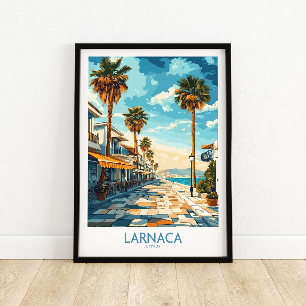 Larnaca Cyprus Finikoudes Beach wall art print featuring palm trees and a vibrant seaside pathway.