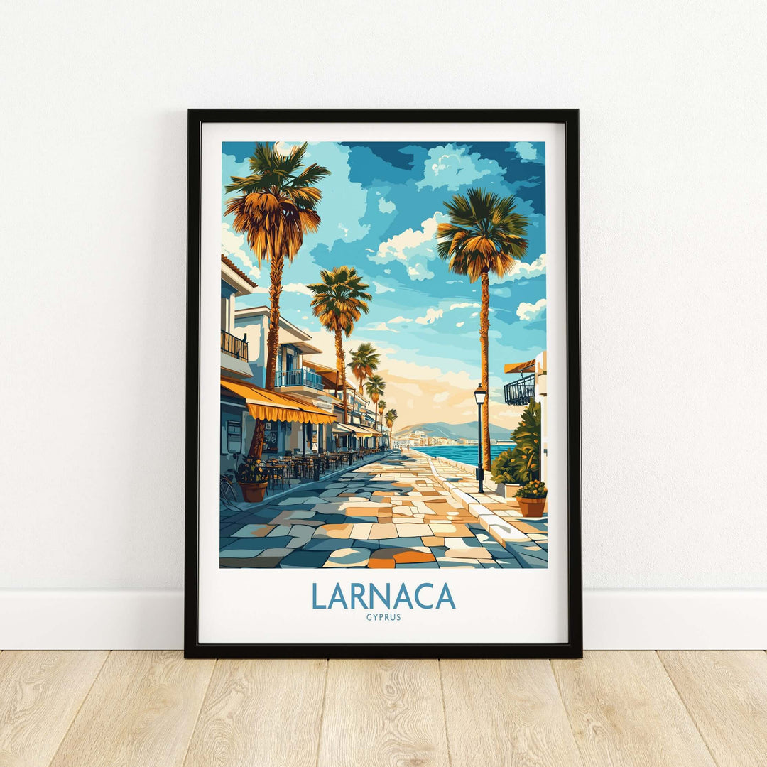 Larnaca Cyprus Finikoudes Beach wall art print featuring palm trees and a vibrant seaside pathway.