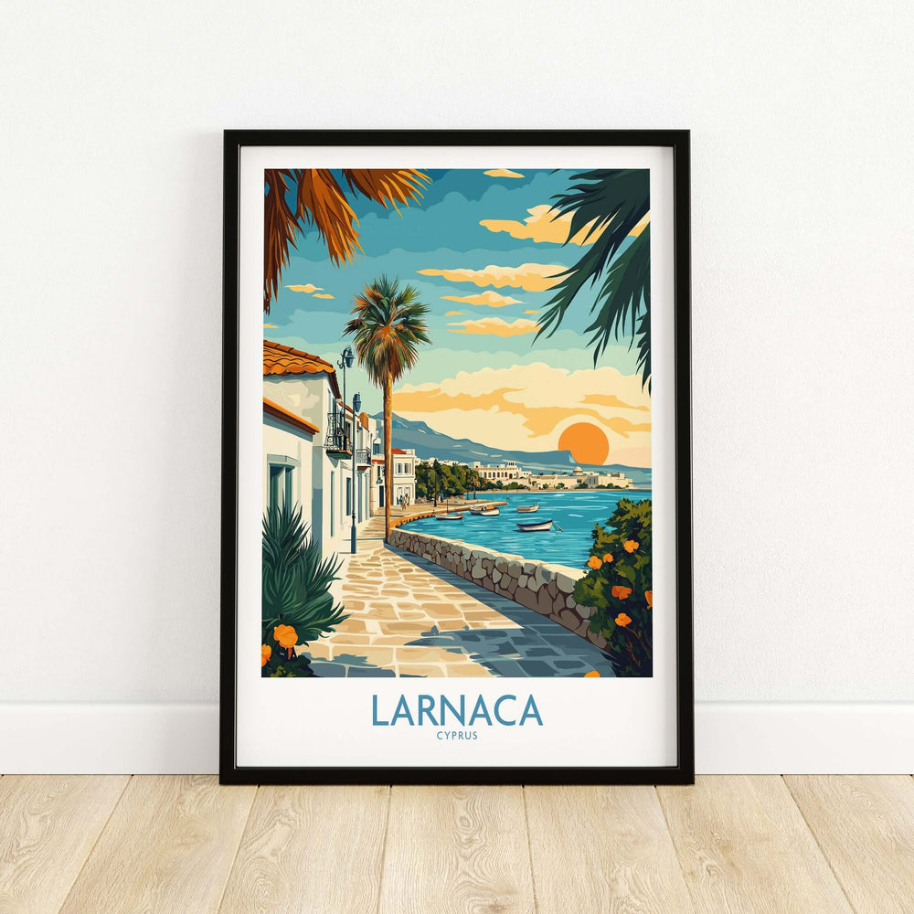 Larnaca Cyprus wall art travel poster featuring coastal views and vibrant colors, adding Mediterranean charm to any space.