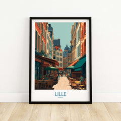 Lille France Wall Art - French Cityscape Decor showcasing a vibrant street scene in Lille with cafes and historic buildings.