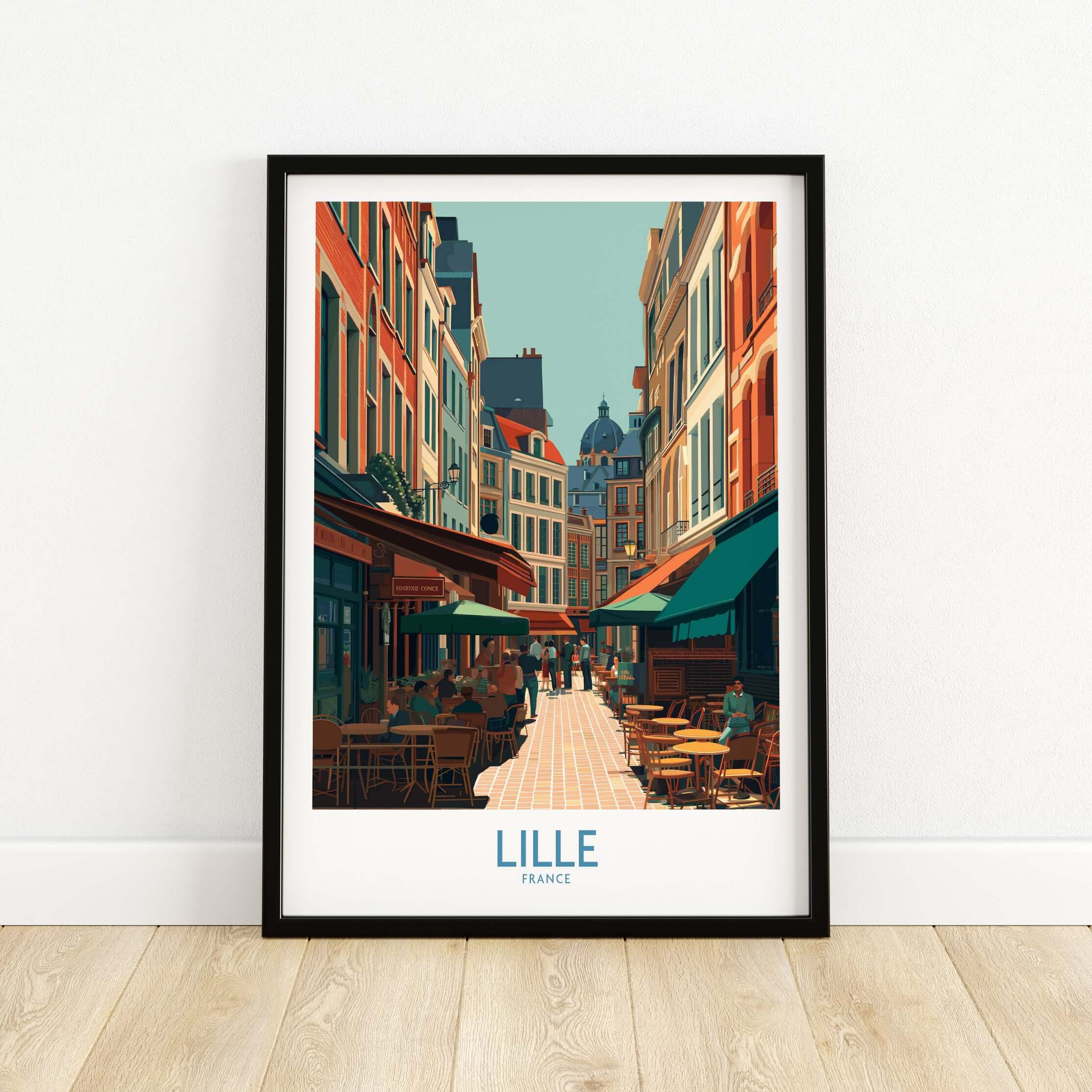 Lille France Wall Art - French Cityscape Decor showcasing a vibrant street scene in Lille with cafes and historic buildings.