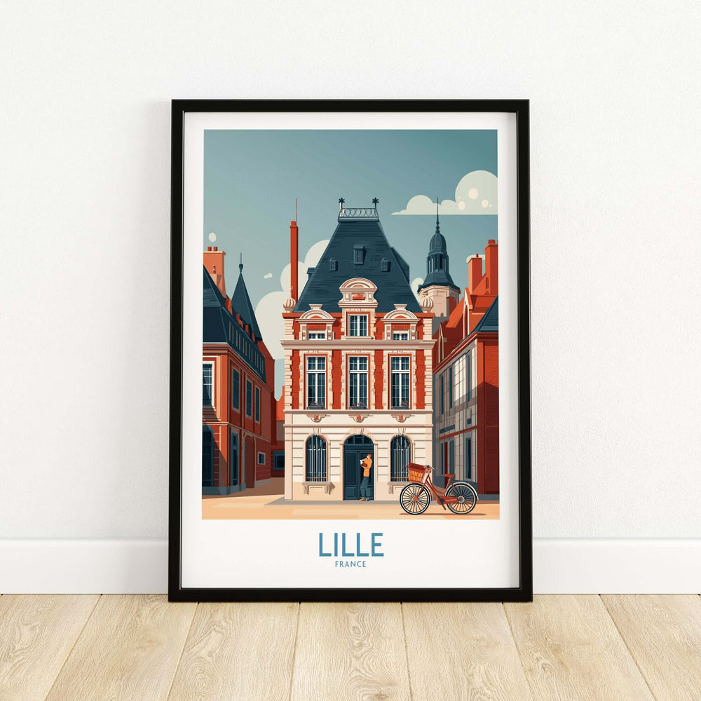 Lille France poster featuring charming European architecture and a bicycle, perfect for travel lovers.