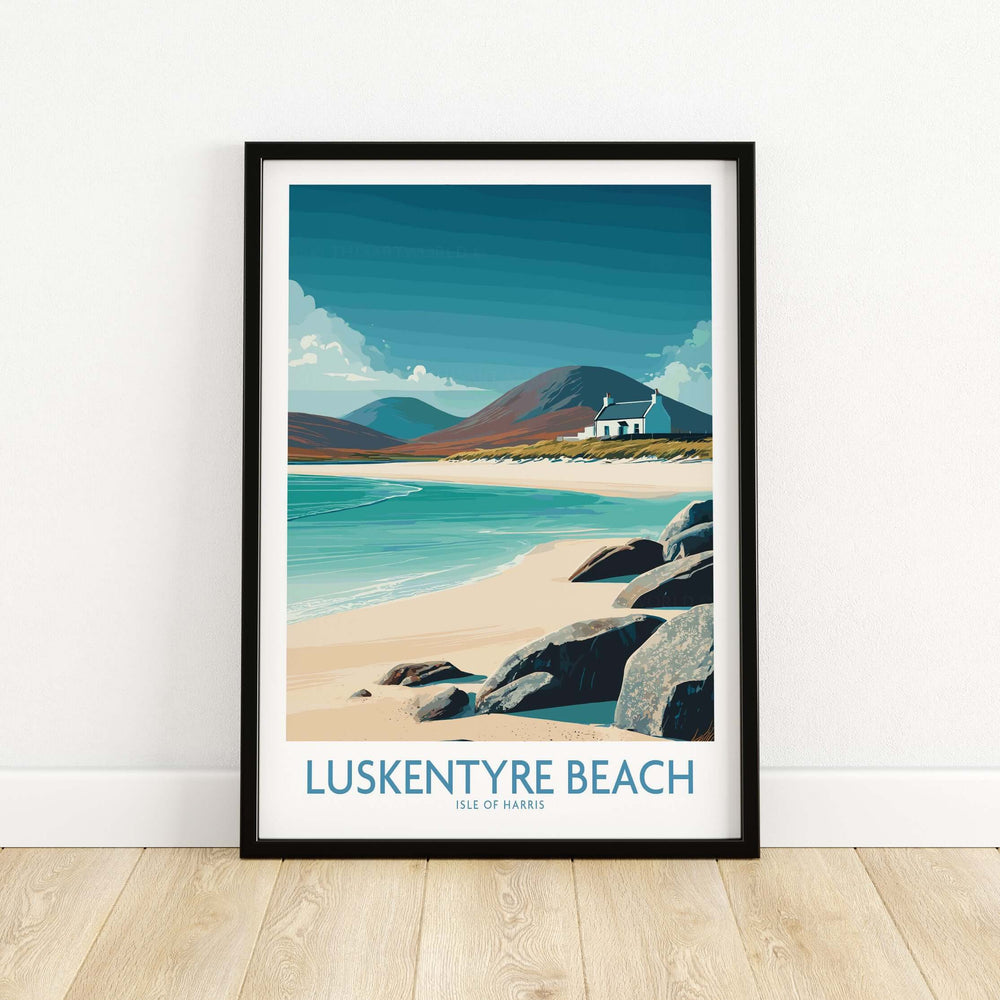 Luskentyre Beach wall art featuring turquoise waters and mountains, Isle of Harris travel print for coastal decor.