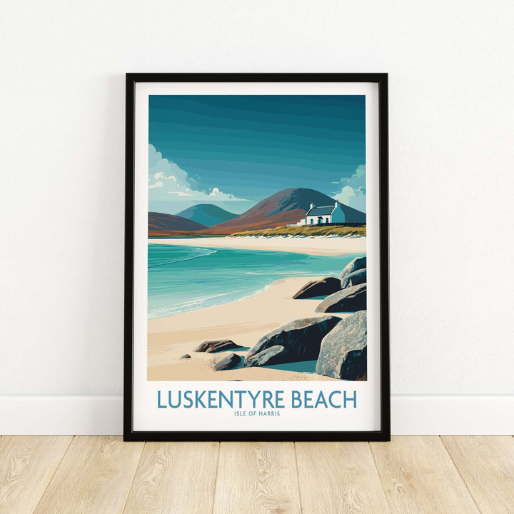 Luskentyre Beach wall art featuring turquoise waters and mountains, Isle of Harris travel print for coastal decor.