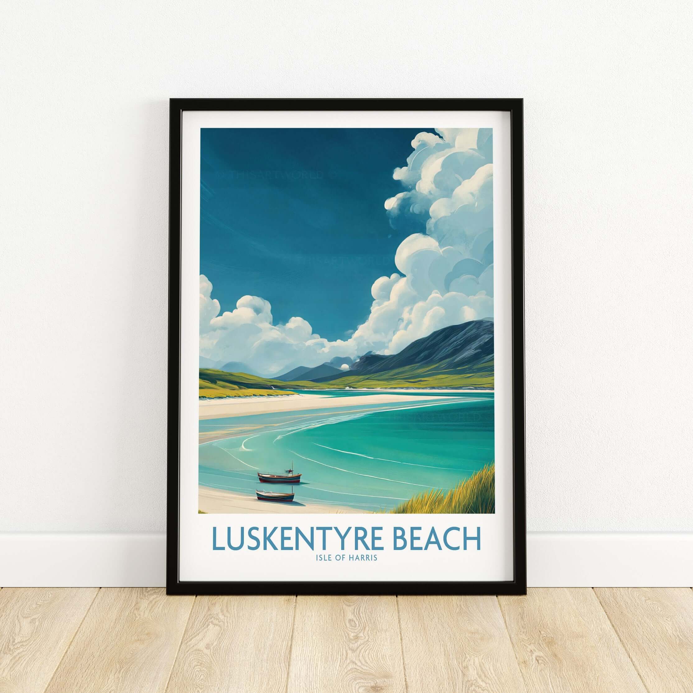Luskentyre Beach Isle of Harris Wall Art - Remote Island Travel Print showcasing a picturesque coastal scene.